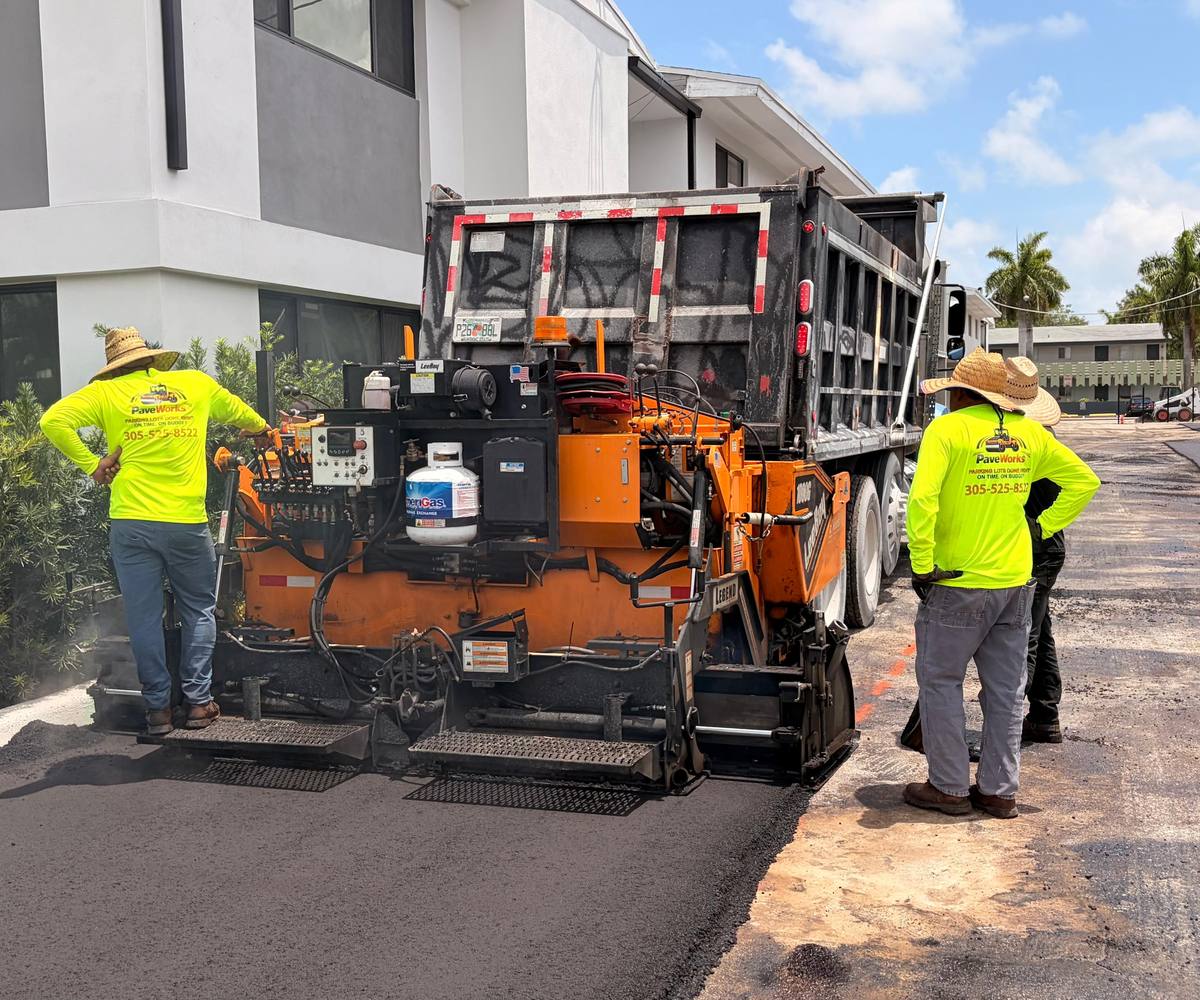 Freshly paved commercial parking lot overlay